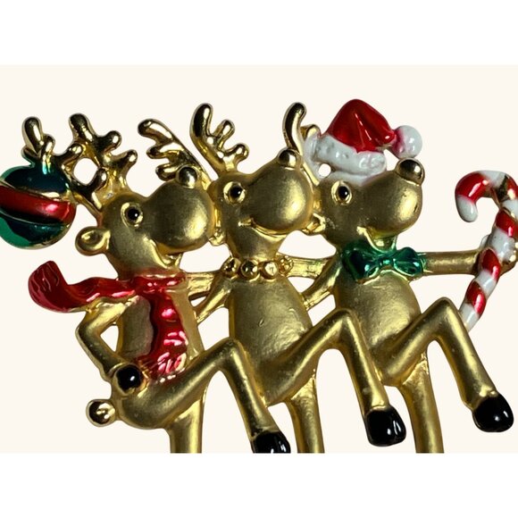 Dancing Reindeer Christmas Pin Brooch Gold-Tone Holiday Jewelry Accessory - Picture 3 of 8